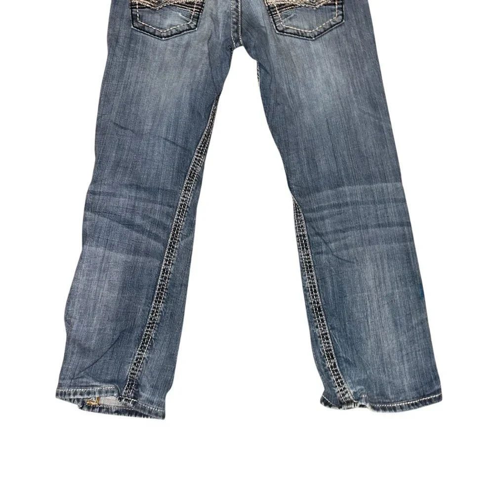 BKE Carter Straight Leg Jeans Mens 30 27 Light Wash Well Worn Grunge Embroidered